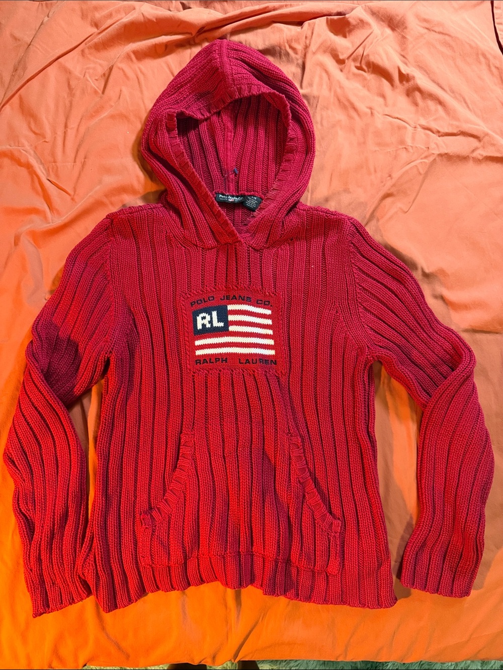 Ralph Lauren Red Ribbed Hooded Sweater with Flag Patch